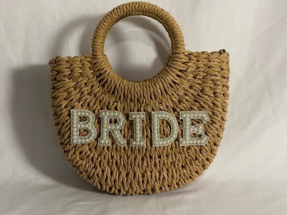 Bride Straw Bag Beaded Handbag Wedding Bridal Bachelorette Beach Vacation Purse